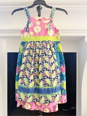 Girls' Multicolor Floral Apron Sundress with Pink Bodice- Girls 7